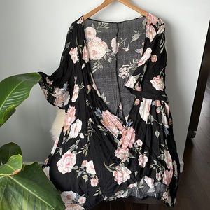 EUC Black floral kimono top